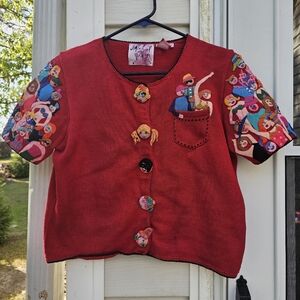 Vtg Michael Simon New York‎ Small Red Sweater Embroidered Beaded Faces Pop Art